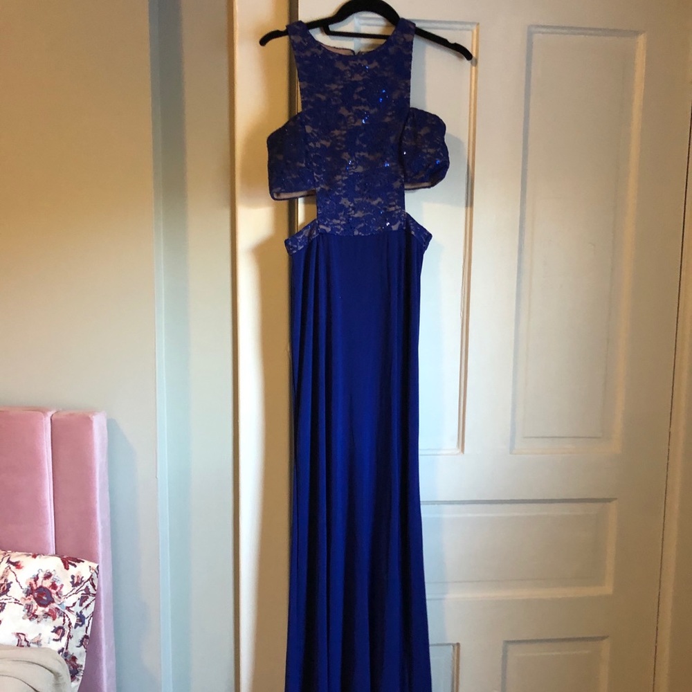 WORN ONCE: Royal blue and sequin gown.
